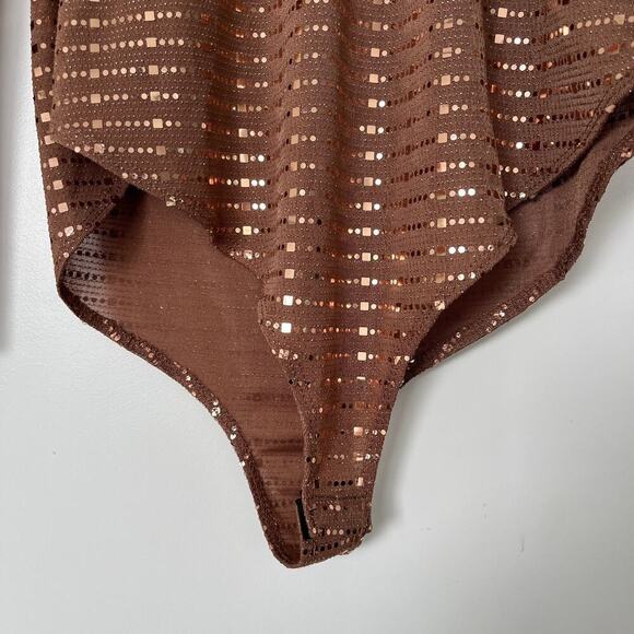 NWT Iris Knit Sequin Long Sleeve Mock Neck Bodysuit Mocha Heat Womens Size Large - Picture 6 of 11